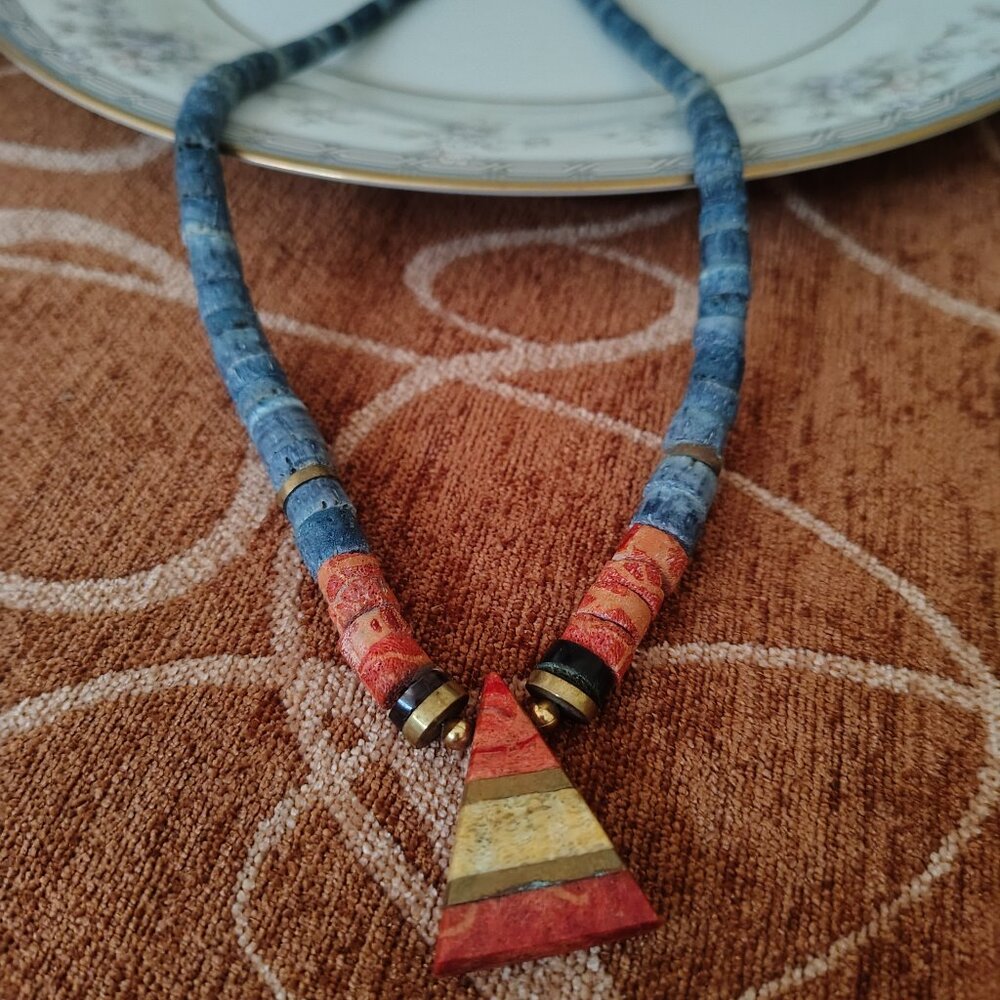 Vtg Santo Blue Orange Natural Heishi Coral Kewa Pueblo Native American Necklace